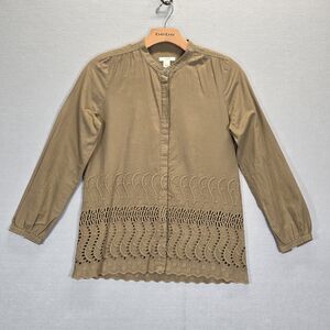 J Crew Embroidered Button Up Tunic Top Womens  Brown Boho Band Collar Size 0P